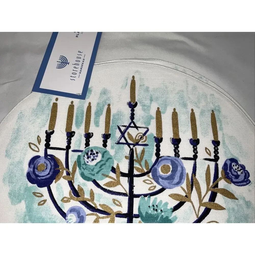NEW HANUKKAH CIRCLE PLACEMATS STAR OF DAVID MENORAH BLUE WHITE FLOWERS SET/4